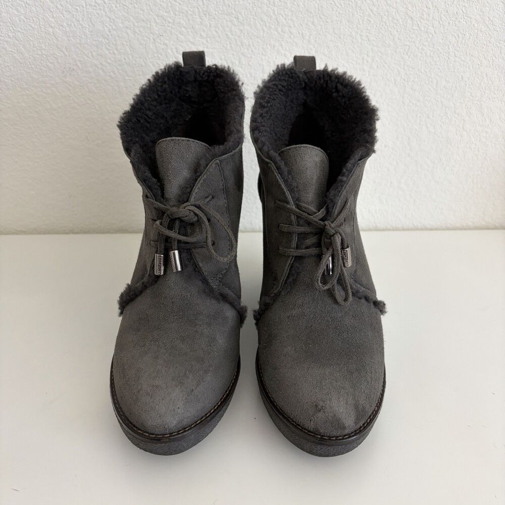 MONCLER Suede Wedge Ankle Boots Booties Lace Up Gray Womens Size 38 / 8 US